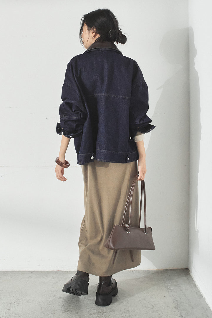 [SET]加工デニムレザー襟付きデニムブルゾン+カットリブレイヤードヘンリーネックワンピース(2set)