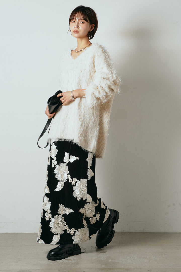 [SET]深Vネックシャギーニットトップス+フラワー刺繍ワイドスカート(2set)