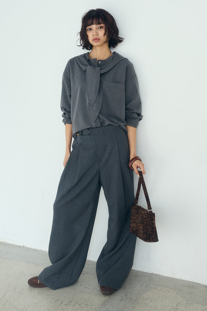 [SET]無地タイ付フーディーBIGシャツ+サイドベルトタック入りスラックス(2set)