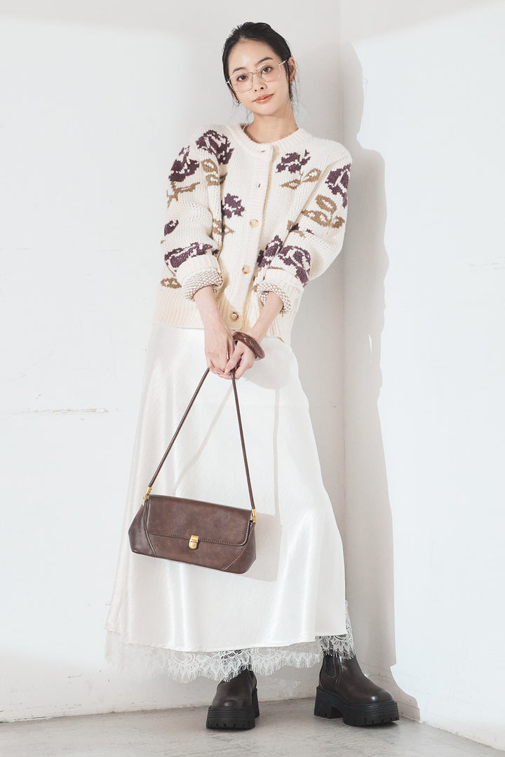 [SET]花柄ジャガードニットカーディガン+裾レースデザインサテンスカート(2set)