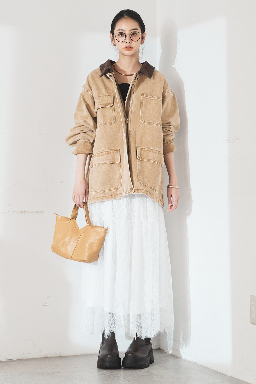 [SET]襟コーデュロイジップデニム調カバーオール+ひげレース切替ロング丈スカート(2set)