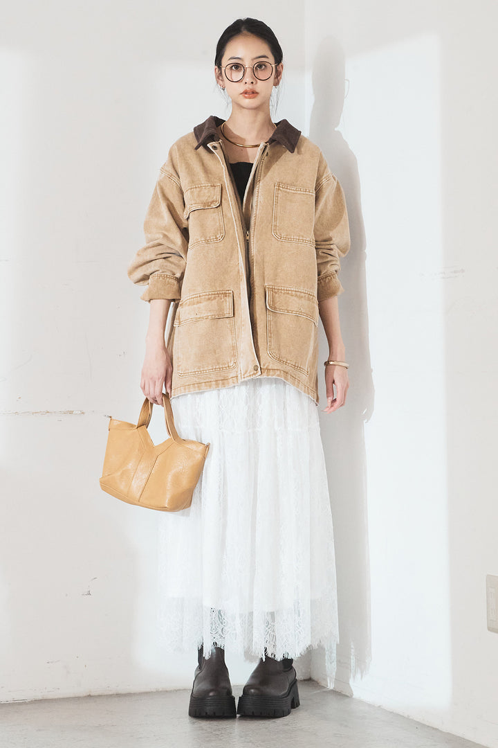 [SET]襟コーデュロイジップデニム調カバーオール+ひげレース切替ロング丈スカート(2set)