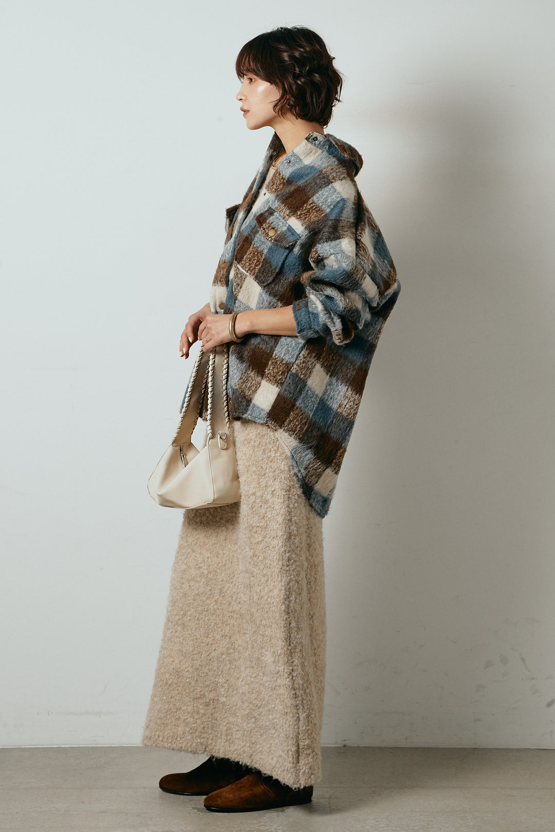 [SET]起毛チェック柄ポケットアウター+起毛ノースリーブニットロングワンピース(2set)