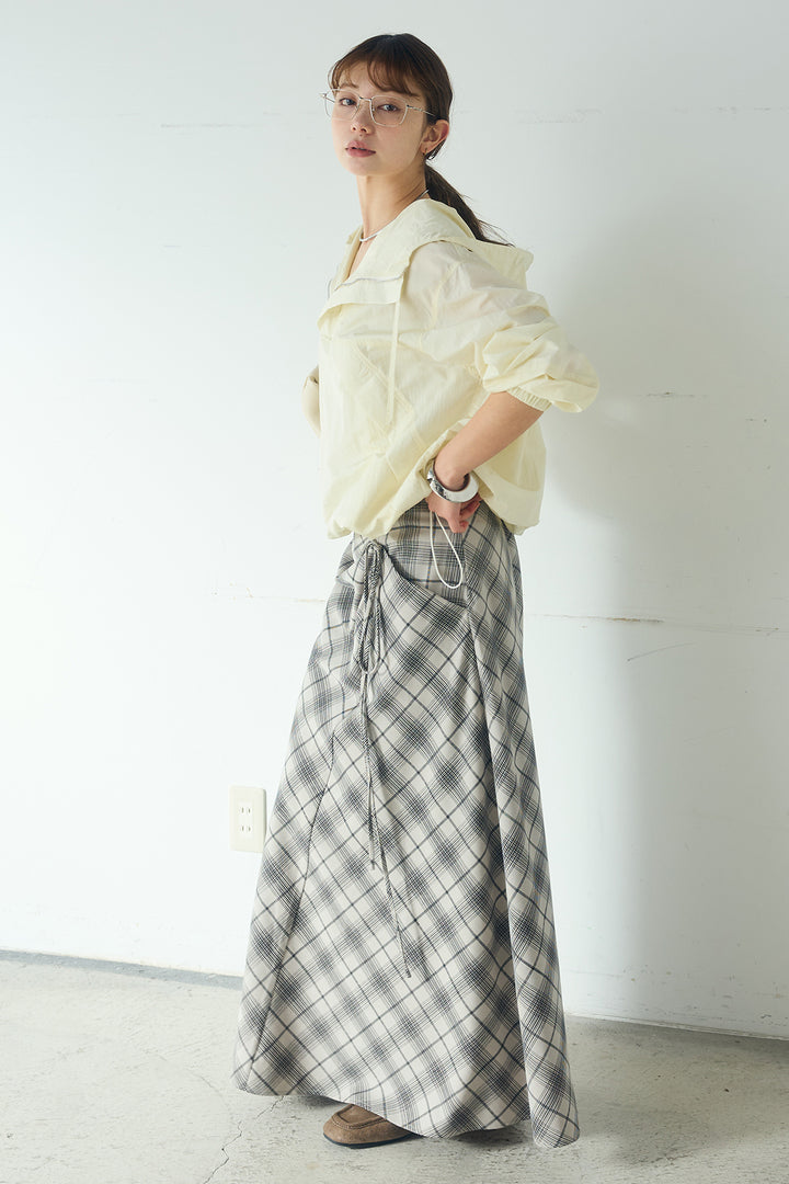 [SET]ナイロンフーディーブルゾンアウター+タータンチェック柄フロントデザインスカート(2set)