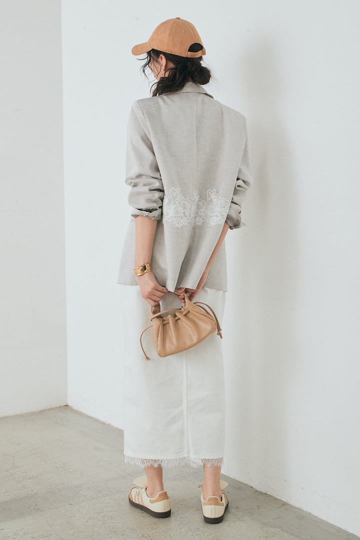 [SET]リネンタッチレースデザインジャケット+裾レースデザインデニムスカート(2set)