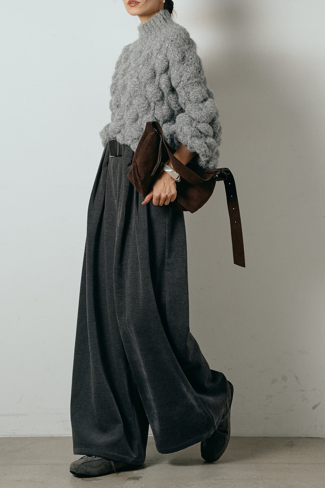 [SET]ボリュームポップコーンニットトップス+ベルトループコーデュロイワイドパンツ(2set)