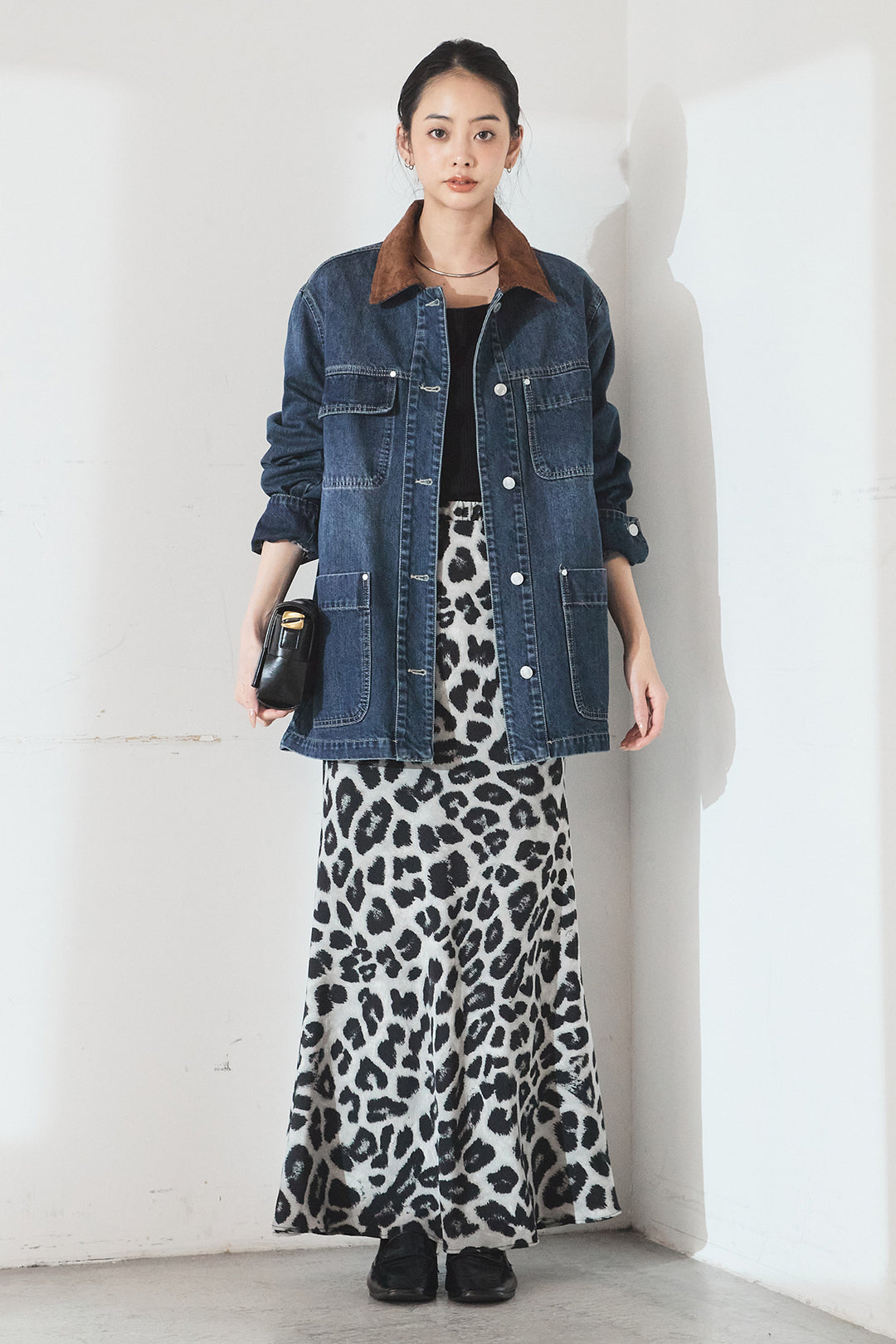 [SET]襟コーデュロイデニムカバーオール+レオパードサテンナロースカート(2set)