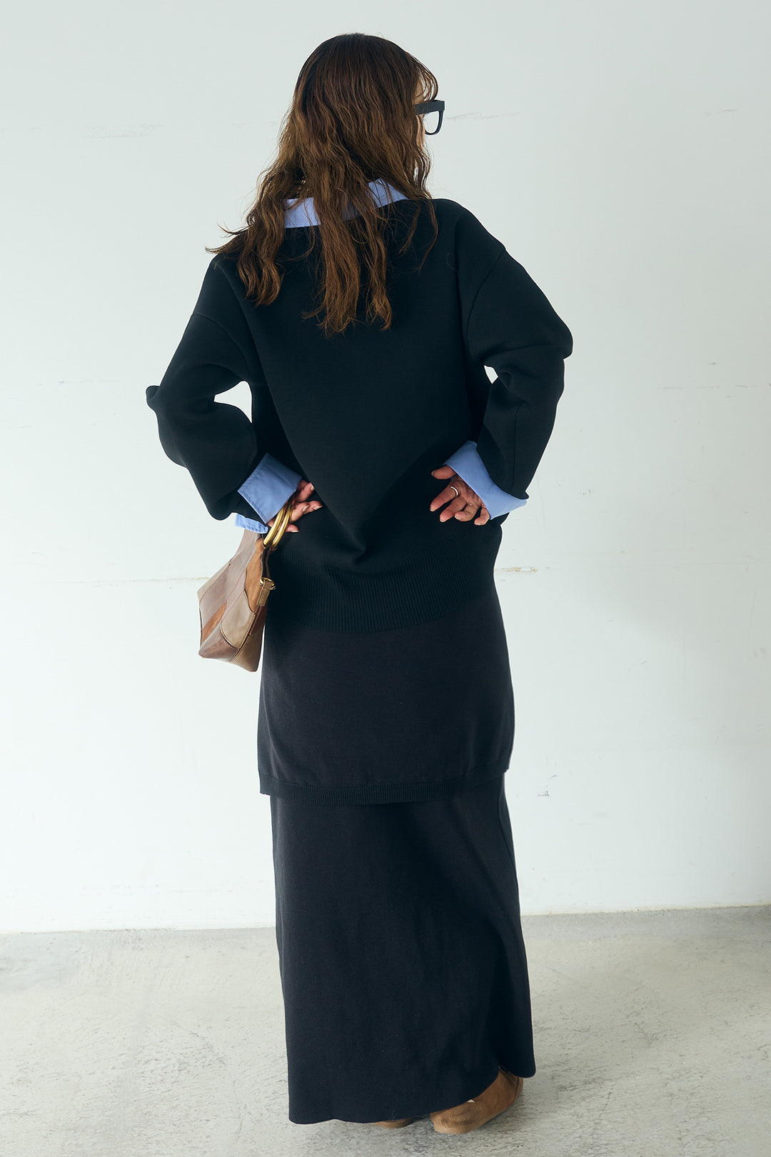 [SET]シャツレイヤード風カーディガン+レイヤードニット巻きスカート(2set)