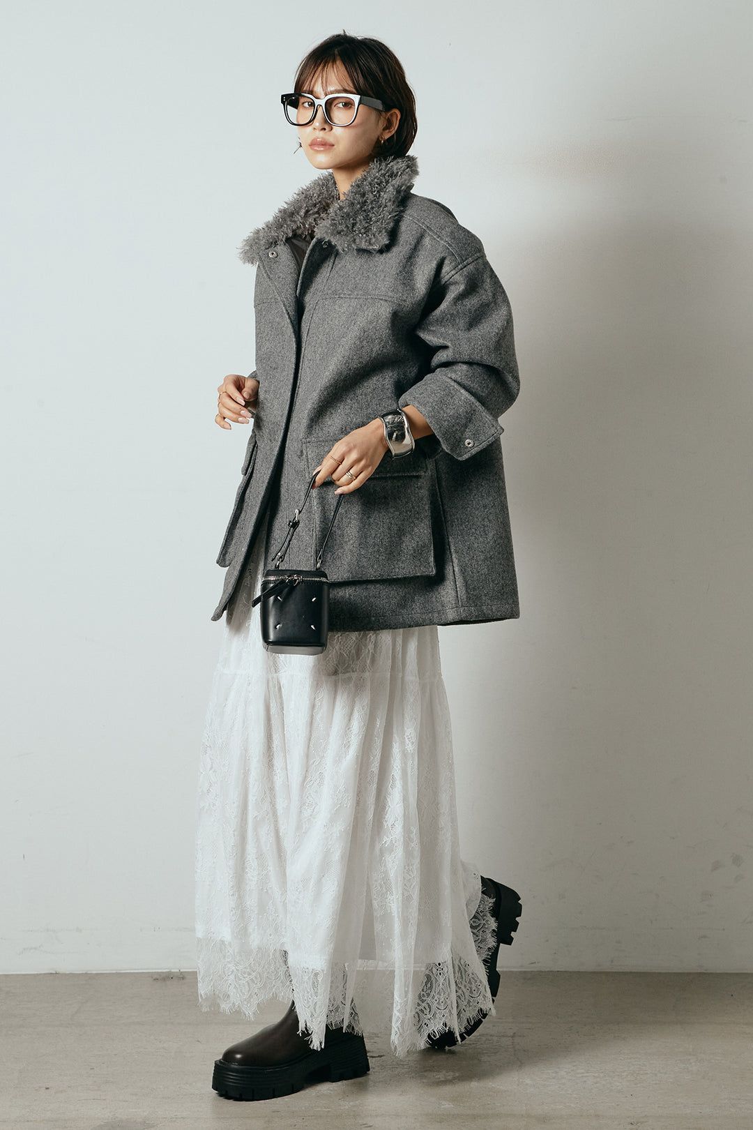 [SET]エコウール衿ファー薄中綿入りミドルカバーオール+ひげレース切替ロング丈スカート(2set)
