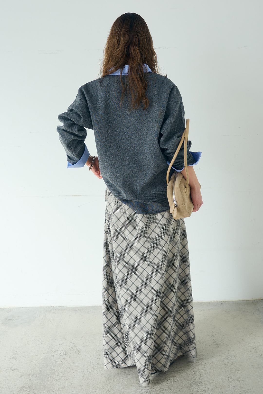 [SET]シャツレイヤード風カーディガン+タータンチェック柄フロントデザインスカート(2set)