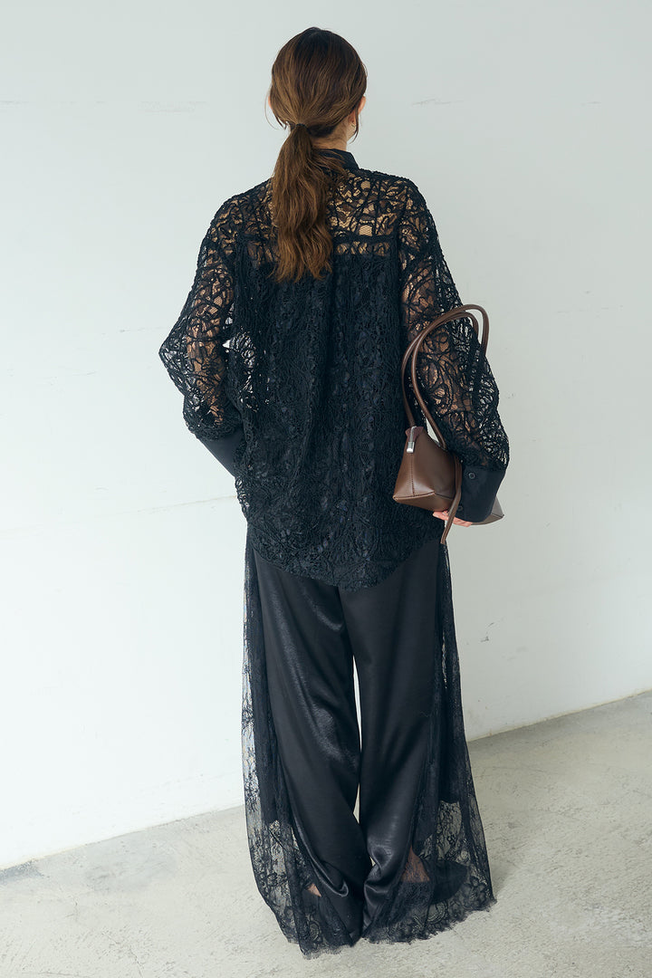 [SET]刺繍レースオーバーサイズシャツ+サテンレース切り替えタックパンツ(2set)