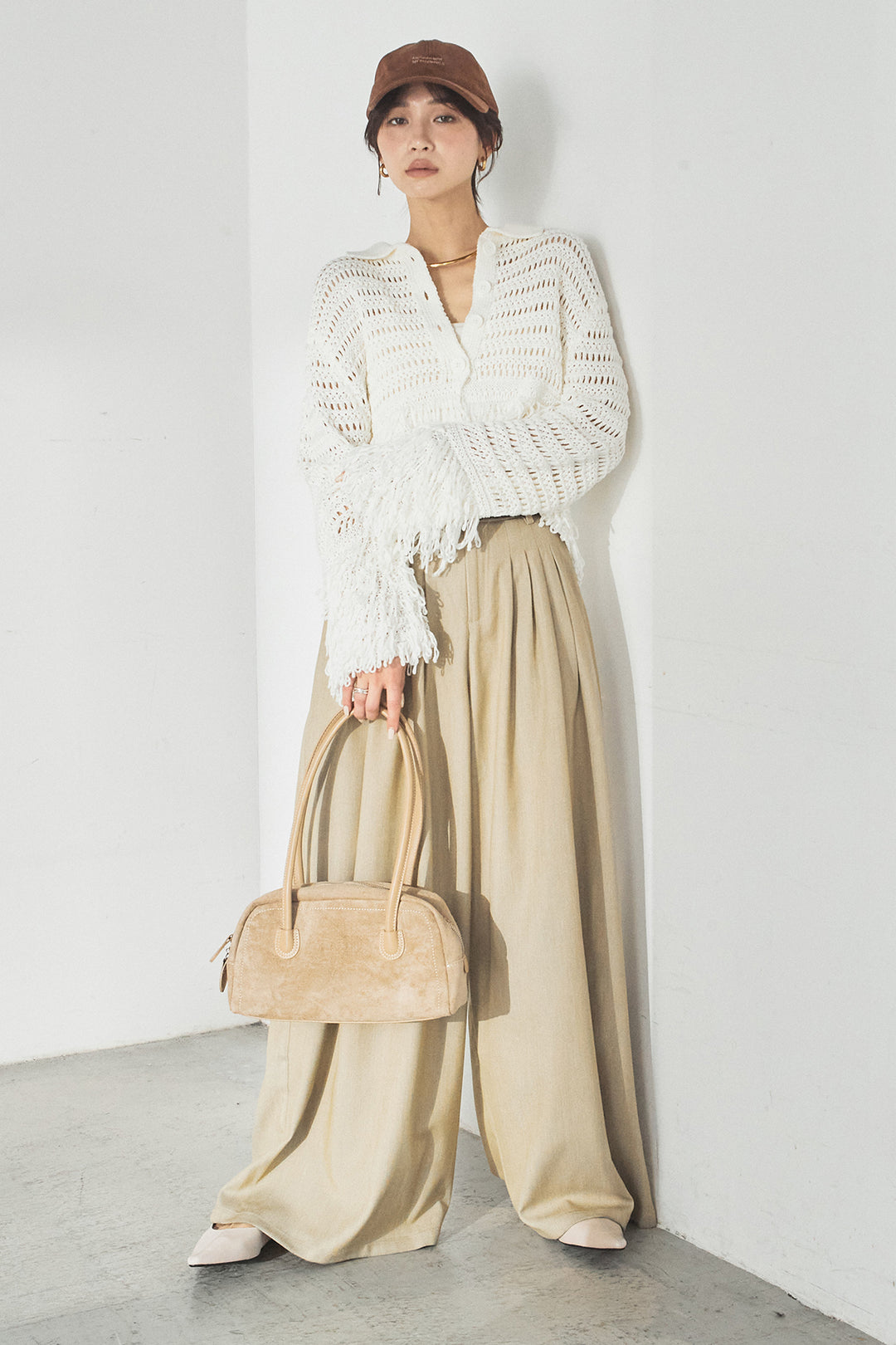 [SET]メッシュフリンジカーディガン+編みベルト付きウエストタックワイドパンツ(2set)