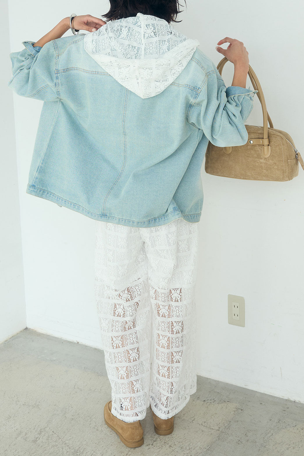 [SET]デニムオーバーサイズジャケット+パッチワークレースイージーパンツ+パッチワークレースショート丈フードシャツ(3set)