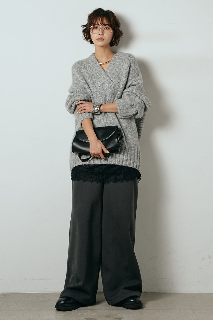 [SET]Vネックラメニットトップス+裏起毛スウェットワイドパンツ+レース切り替えキャミソール(3set)