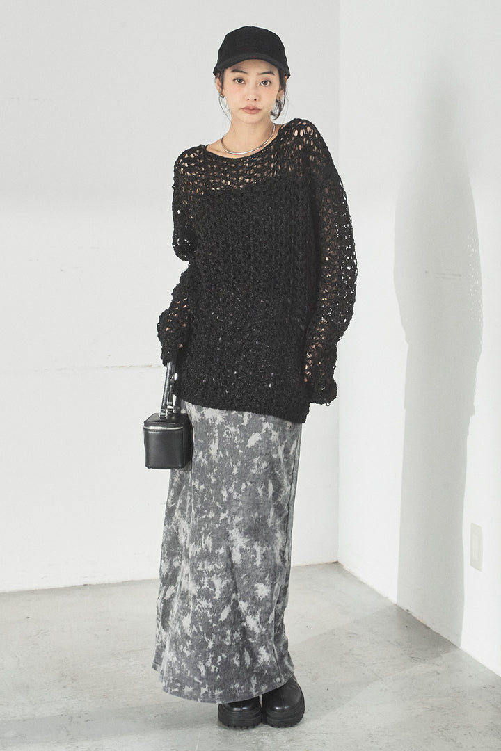 [SET]リラックスメッシュニットトップス+タイダイ柄ベロアワイドスカート(2set)