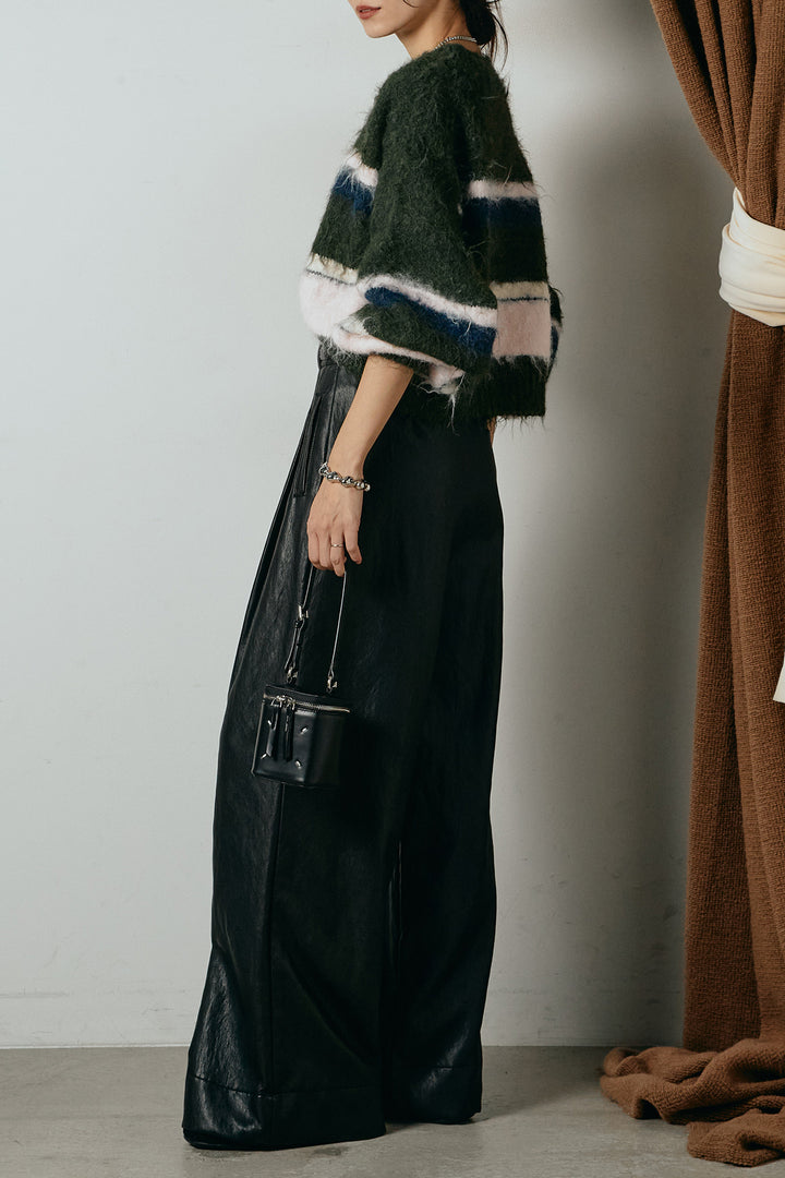 [SET]起毛配色マルチボーダーニットトップス+ベルト付きレザーライクタックパンツ(2set)