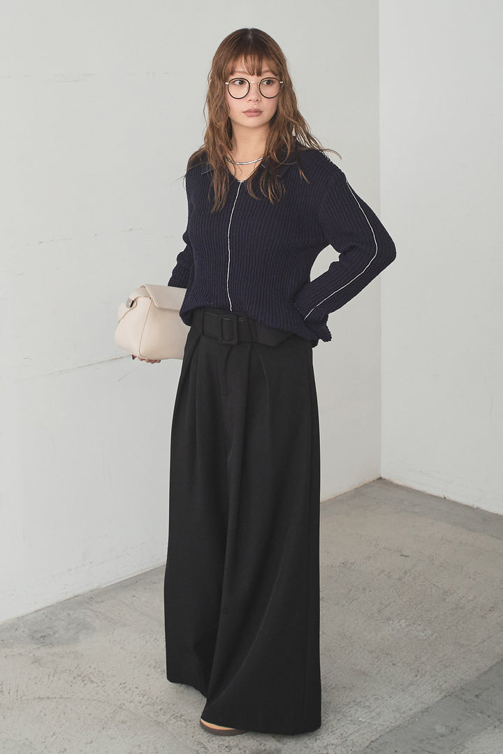 [SET]衿付きニットプルオーバー+ベルト付きツータックワイドパンツ(2set)