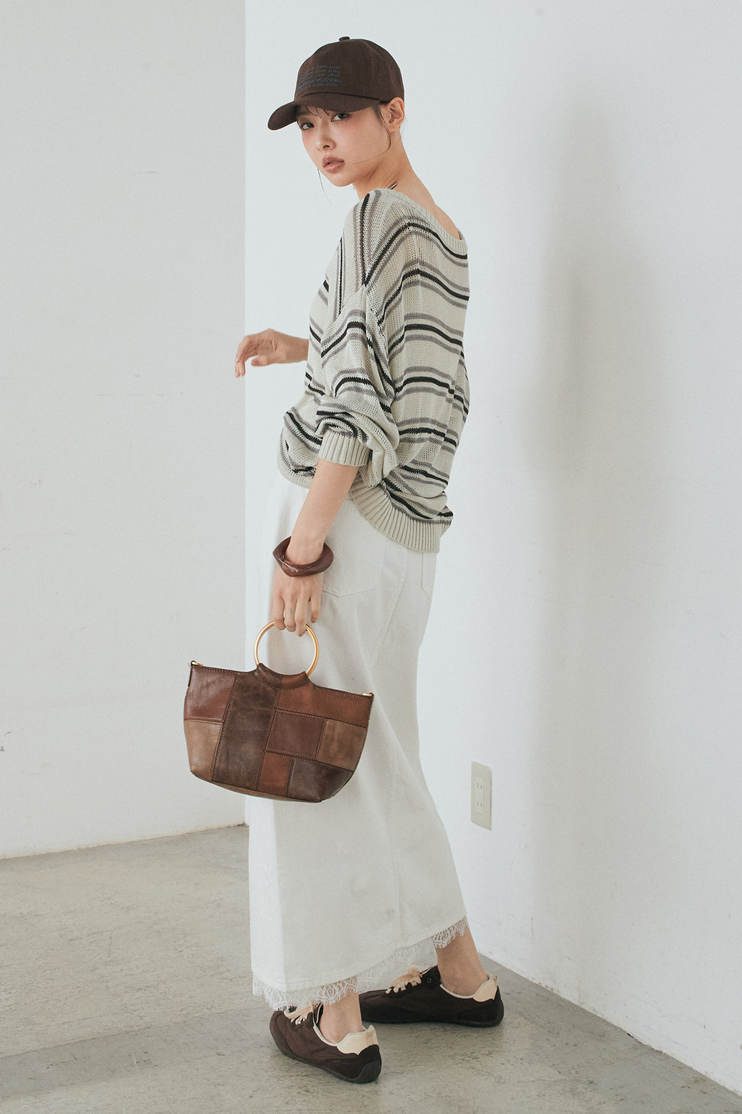 [SET]綿タッチVネックボーダートップス+裾レースデザインデニムスカート(2set)