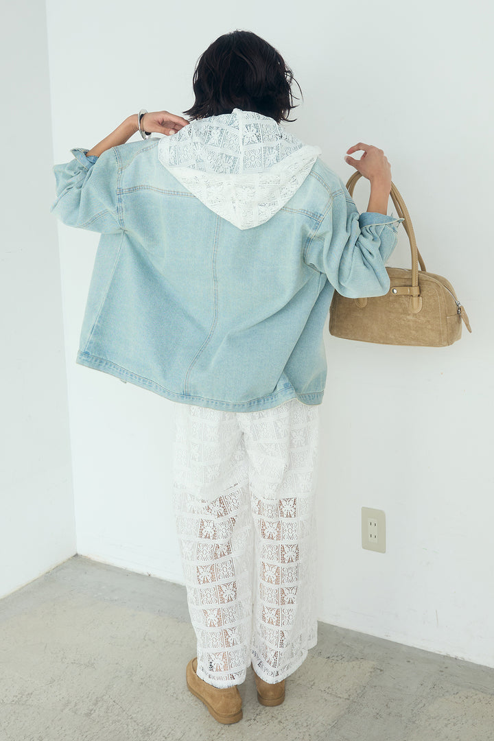 [SET]パッチワークレースショート丈フードシャツ+パッチワークレースイージーパンツ(2set)