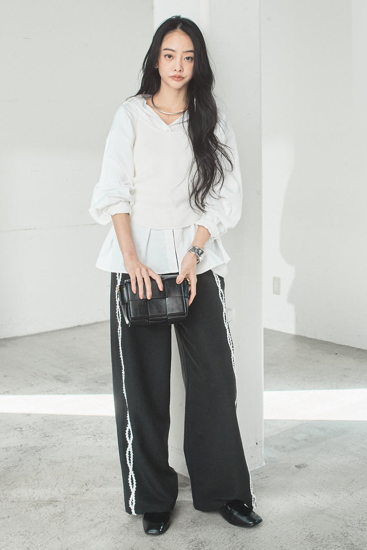 [SET]ニットキャミ付きシャツ+刺繡テープラインパンツ(2set)