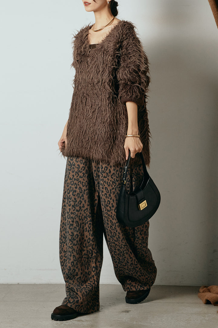 [SET]深Vネックシャギーニットトップス+リラックスレオパード柄ワイドパンツ(2set)