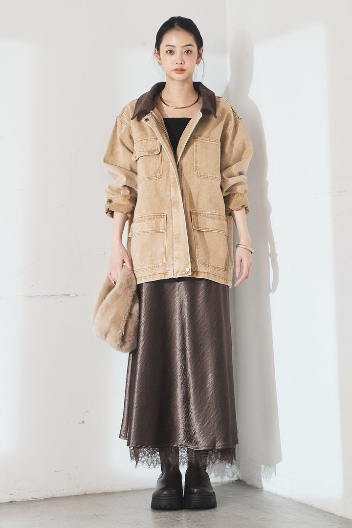 [SET]襟コーデュロイジップデニム調カバーオール+裾レースデザインサテンスカート(2set)