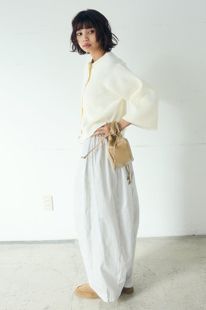 [SET]スポンディッシュBIGボタンクルーネックカーディガン+ランダムストライプタックギャザーパンツ(2set)