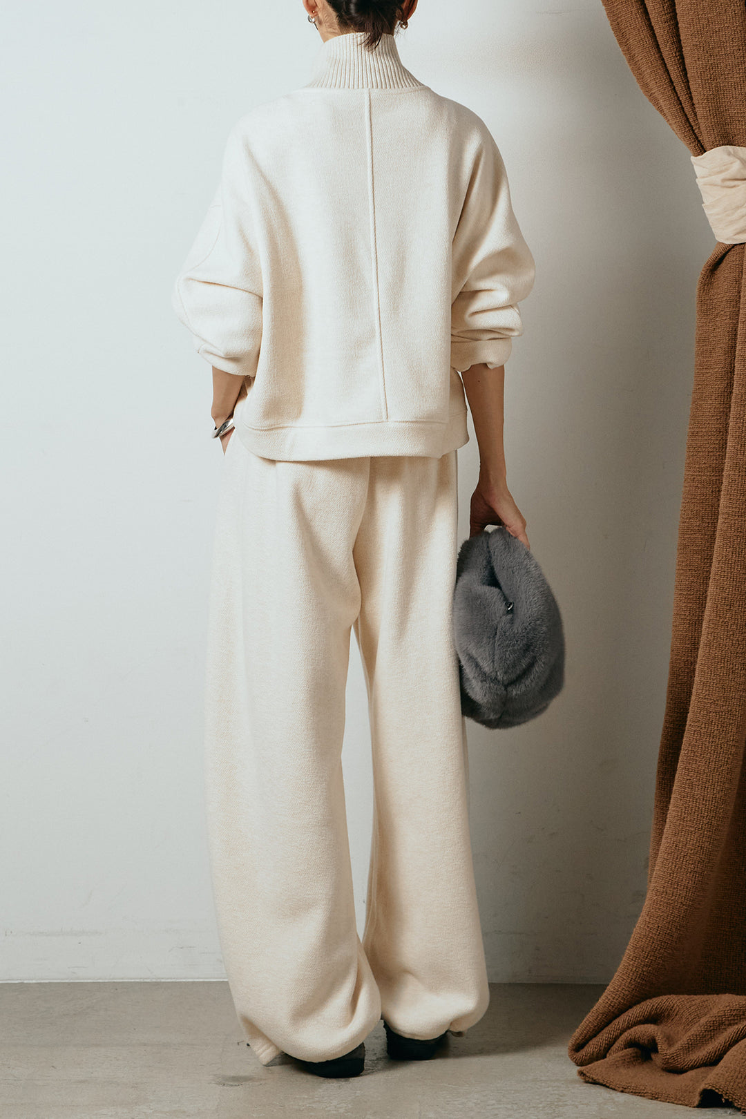 [SET]リブスタンドネックボタントップスSETUP