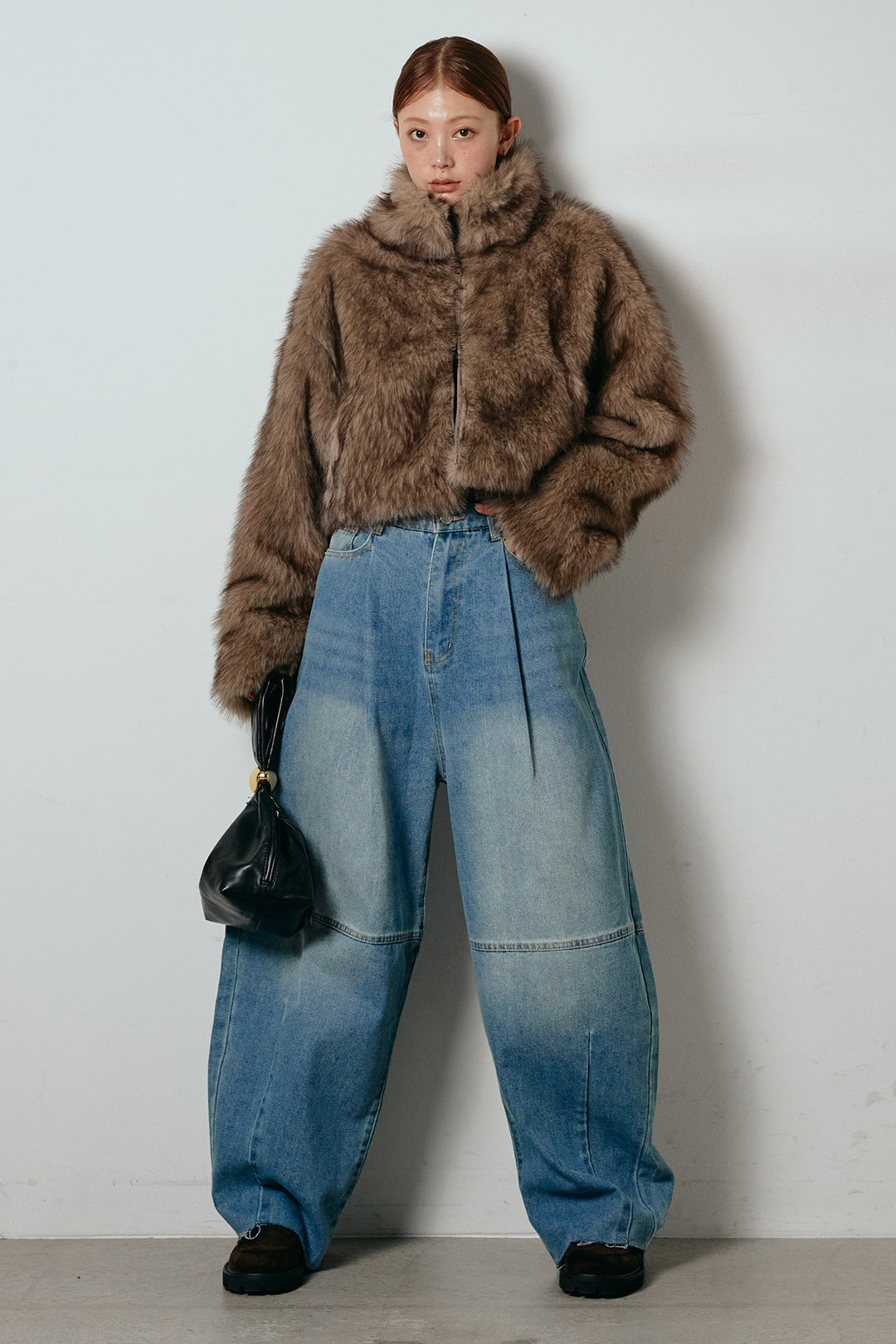 [SET]エコファーショート丈ブルゾン+加工デニムタックコクーンワイドパンツ(2set)