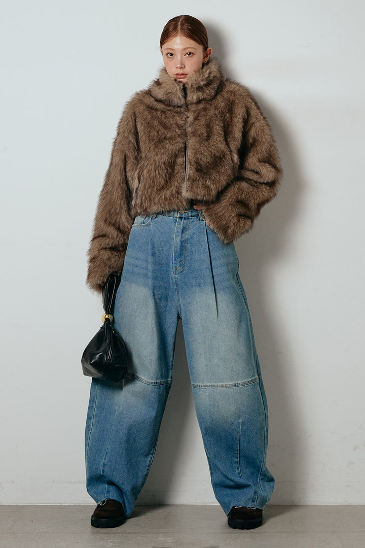 [SET]エコファーショート丈ブルゾン+加工デニムタックコクーンワイドパンツ(2set)