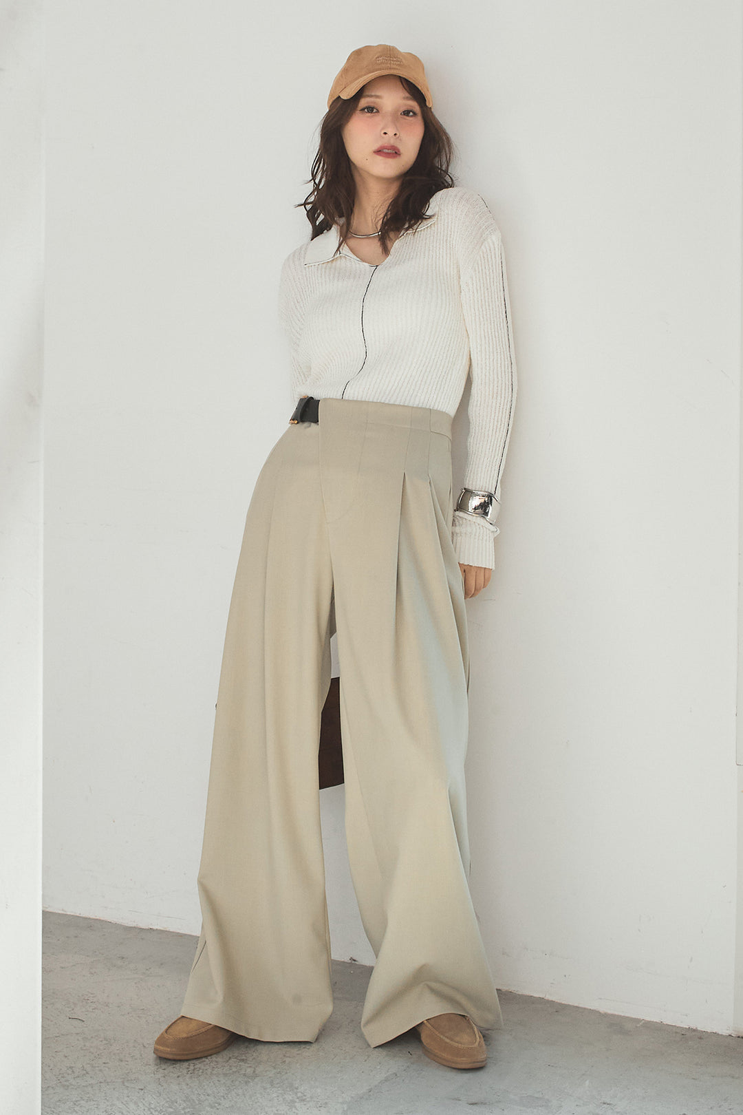 [SET]衿付きニットプルオーバー+サイドベルトタック入りスラックス(2set)