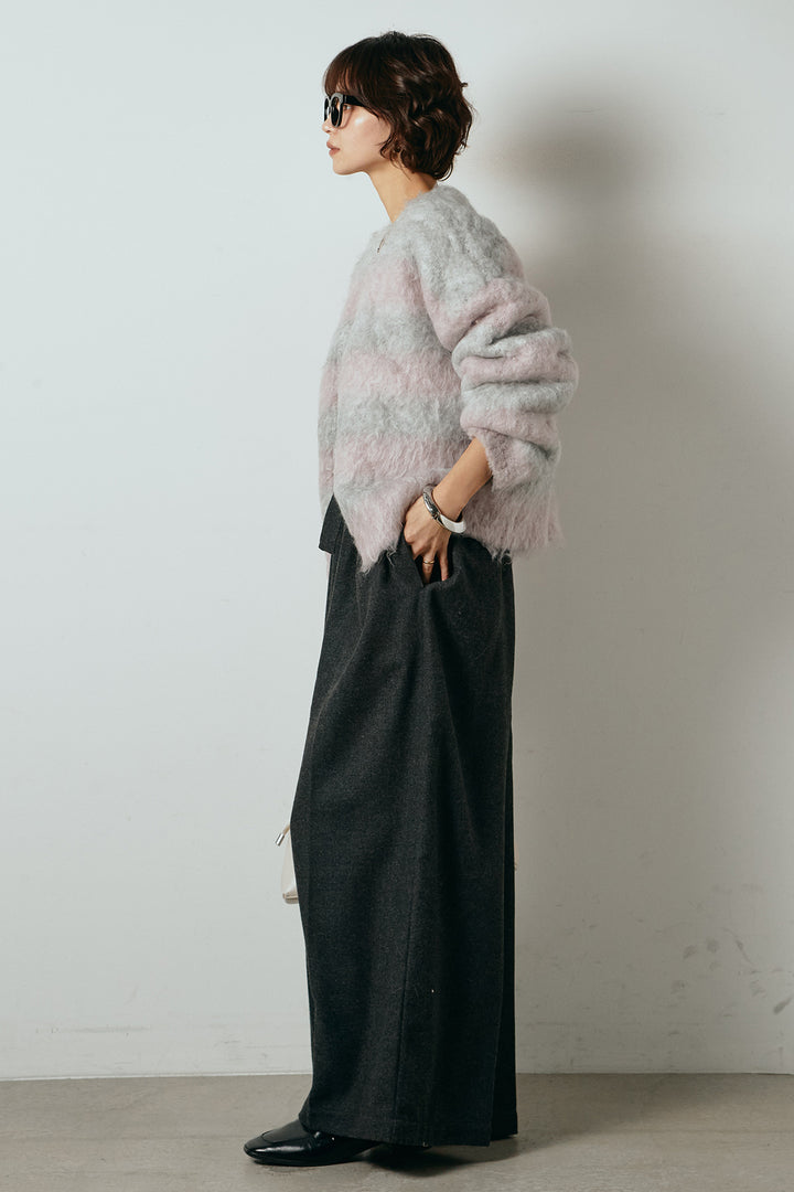 [SET]シャギーボーダー柄ニットカーディガン+ウール混フランネルワイドサロペット(2set)