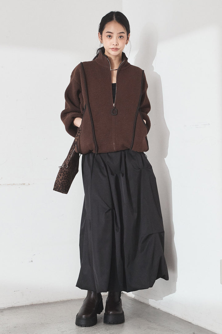 [SET]ハイネックパイピングデザインブルゾン+ランダムタックバルーンスカート(2set)