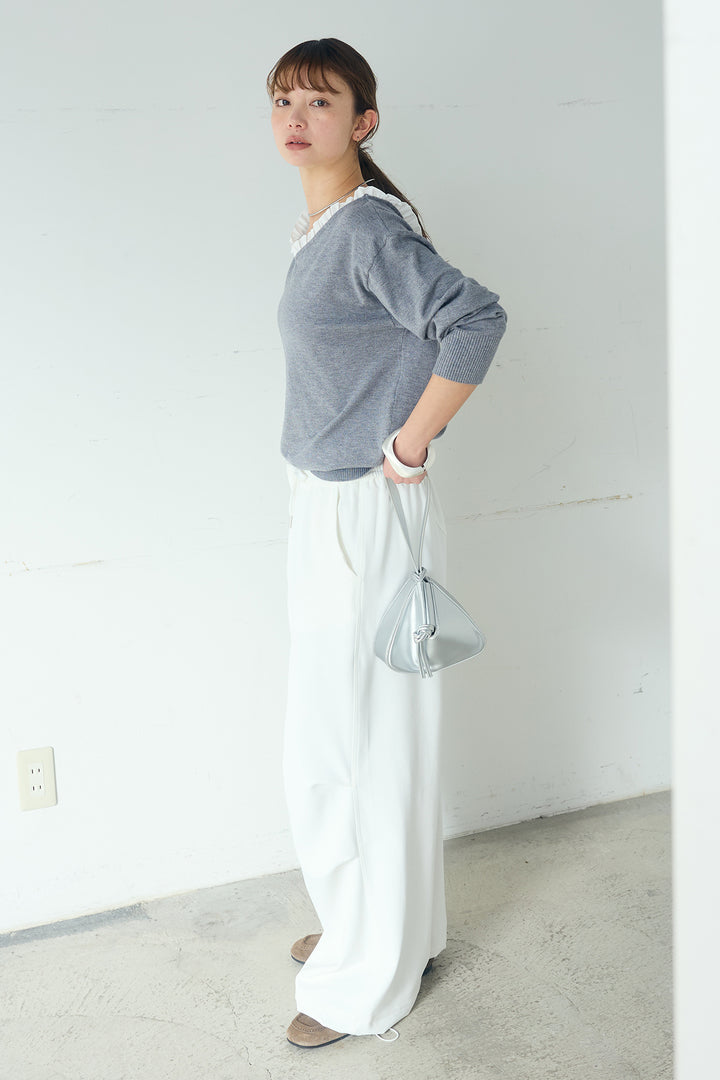 [SET]クールクール異素材コンビオフショルプルオーバー+ランダムタックデザインワイドパンツ(2set)