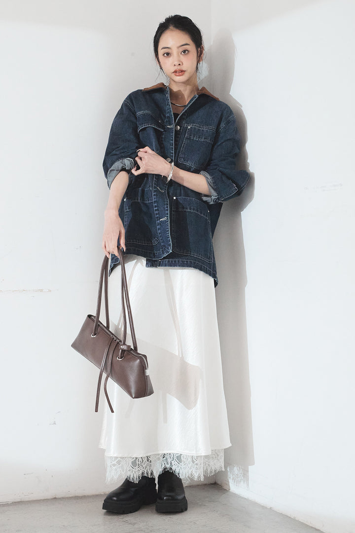 [SET]襟コーデュロイデニムカバーオール+裾レースデザインサテンスカート(2set)