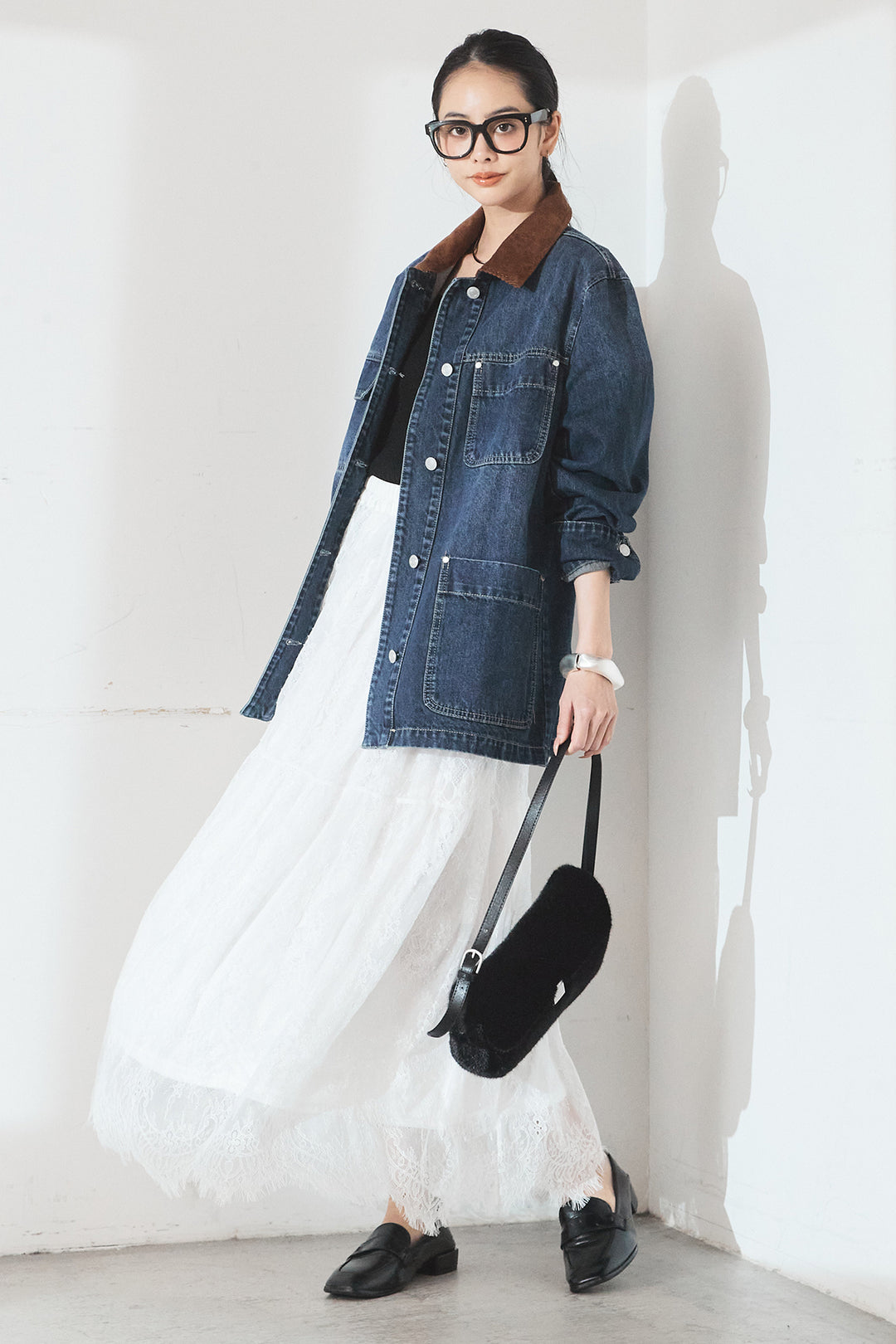 [SET]襟コーデュロイデニムカバーオール+ひげレース切替ロング丈スカート(2set)