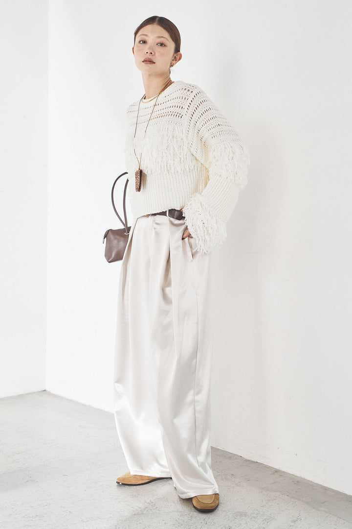 [SET]メッシュフリンジ切り替えプルオーバー+サテンタックワイドパンツ(2set)