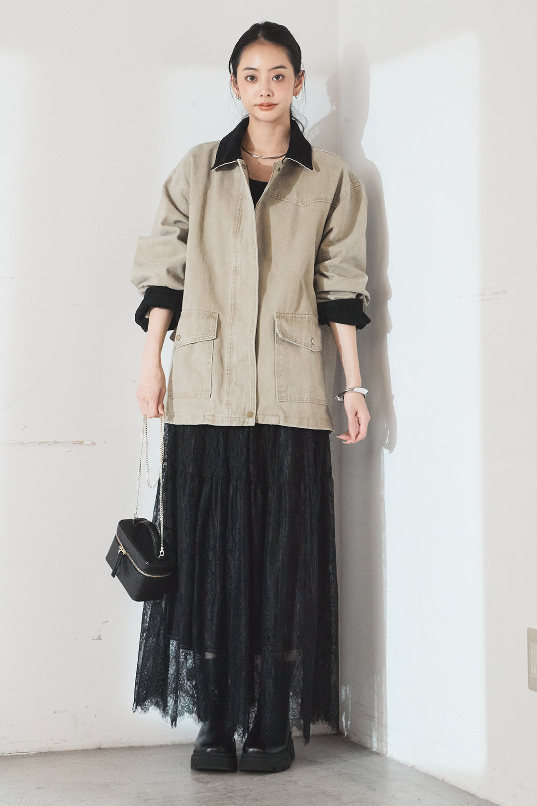 [SET]襟コーデュロイデザインデニム調カバーオール+ひげレース切替ロング丈スカート(2set)