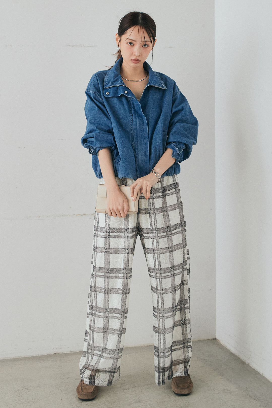 [SET]スタンドカラーデニムブルゾンジャケット+レースチェックワイドイージーパンツ(2set)