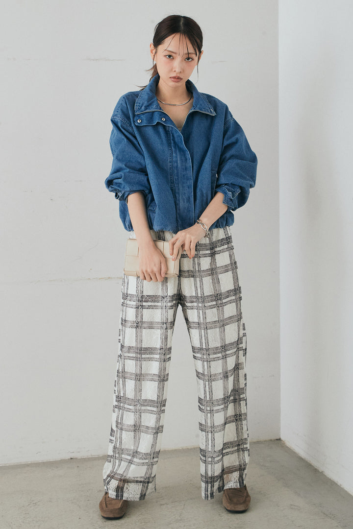 [SET]スタンドカラーデニムブルゾンジャケット+レースチェックワイドイージーパンツ(2set)