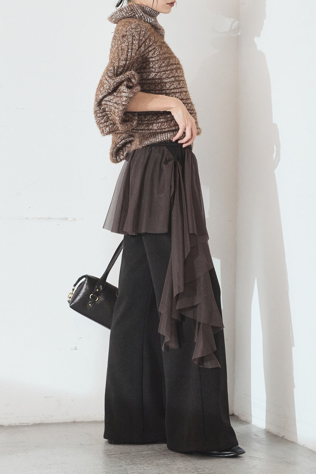 [SET]ミックス編みドルマンニットトップス+チュールレイヤードニットパンツ(2set)