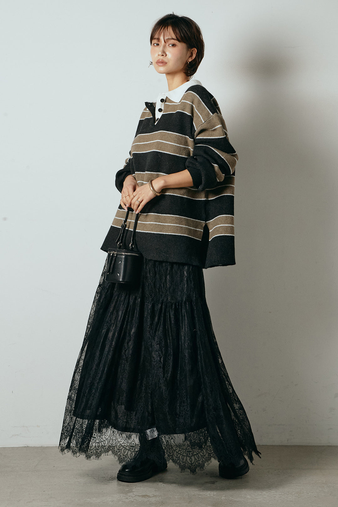 [SET]ラガーニットボーダーポロプルオーバー+ひげレース切替ロング丈スカート(2set)