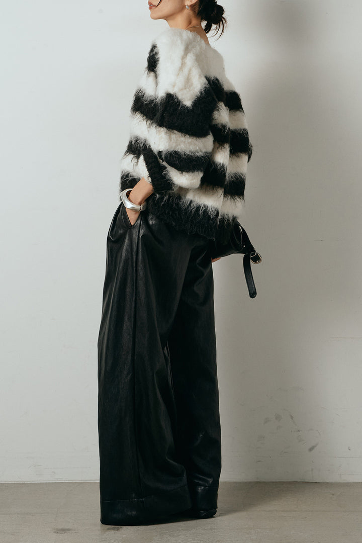 [SET]シャギーボーダー柄ニットカーディガン+ベルト付きレザーライクタックパンツ(2set)