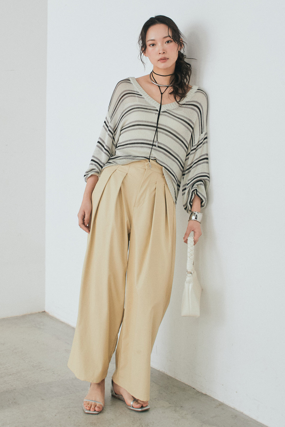 [SET]綿タッチVネックボーダートップス+ウォッシャブルエコレザータックパンツ(2set)