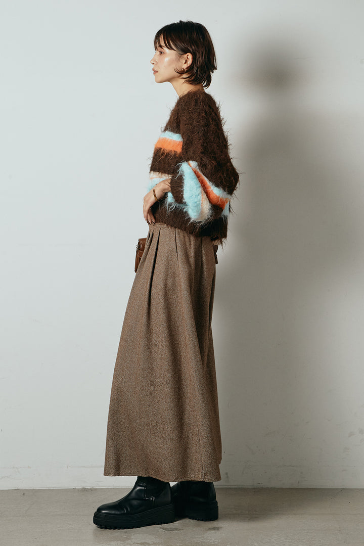 [SET]起毛配色マルチボーダーニットトップス+太ベルト付きヘリンボーンプリーツスカート(2set)