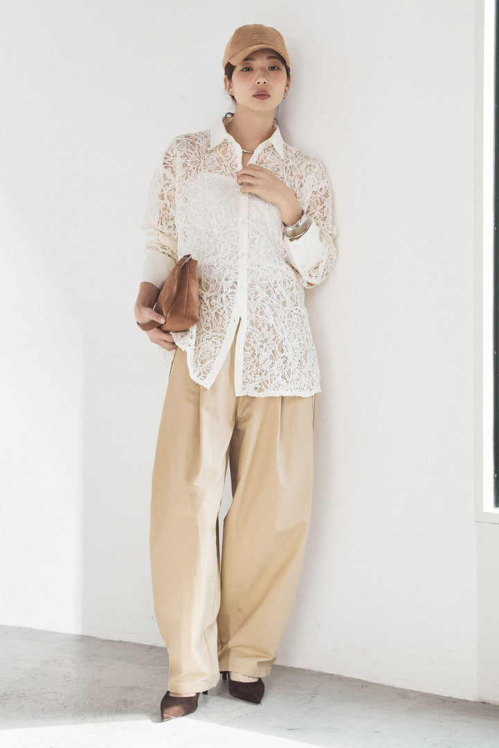 [SET]刺繍レースオーバーサイズシャツ+合繊ツイルパイピングタックカーブパンツ(2set)