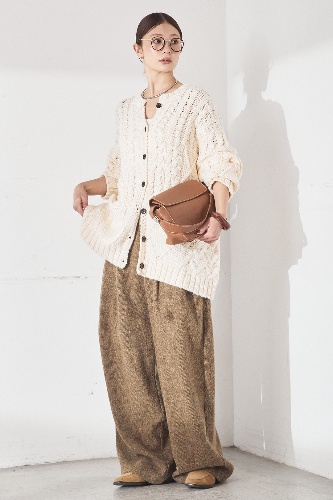 [SET]混合パターン編みニットカーディガン+タックツイードワイドパンツ(2set)