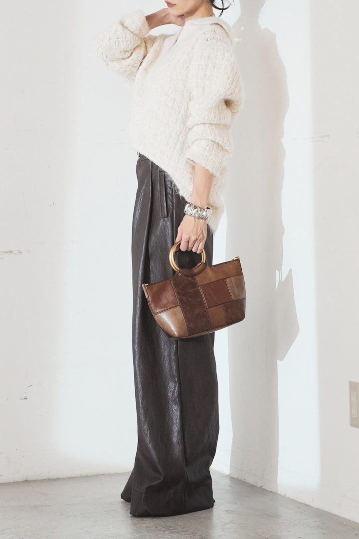 [SET]襟付きVネックニットトップス+ベルト付きレザーライクタックパンツ(2set)