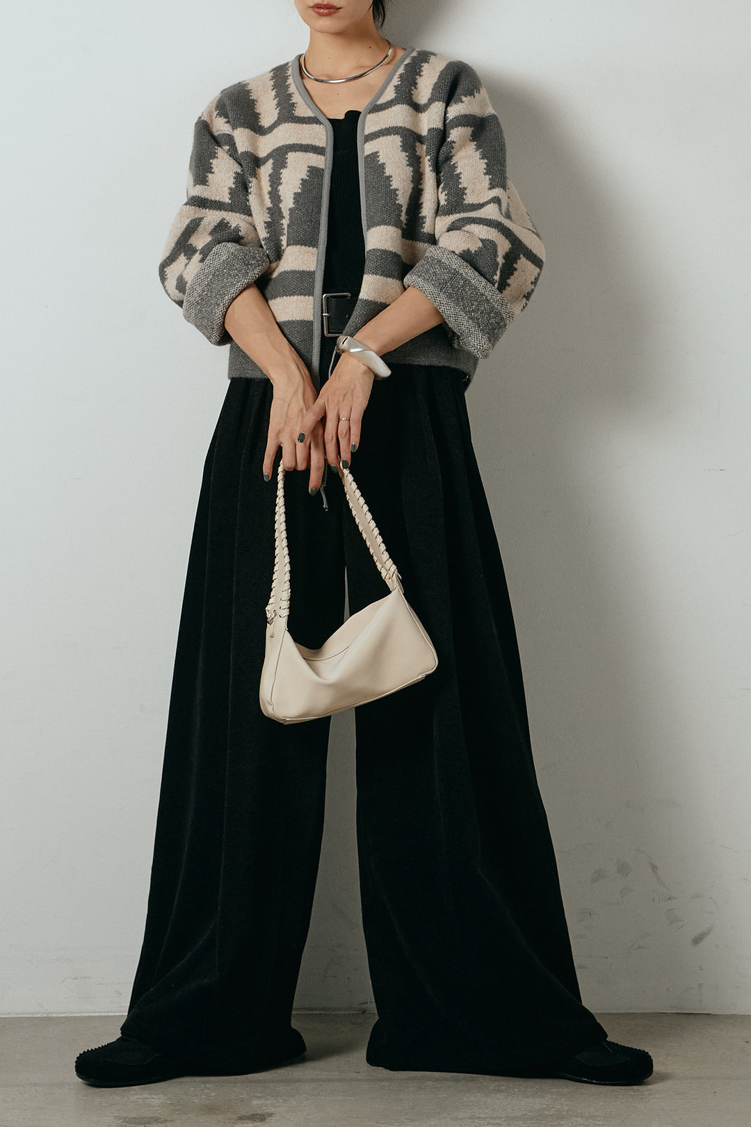 [SET]ノーカラー幾何学模様アウター+ベルトループコーデュロイワイドパンツ(2set)