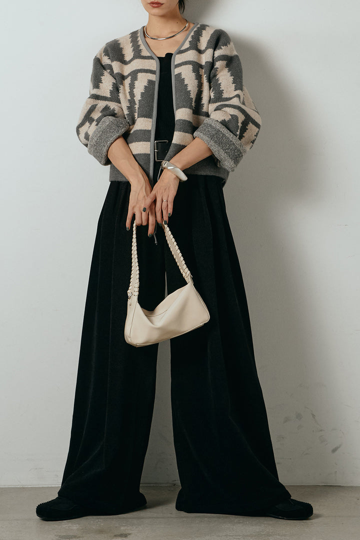 [SET]ノーカラー幾何学模様アウター+ベルトループコーデュロイワイドパンツ(2set)